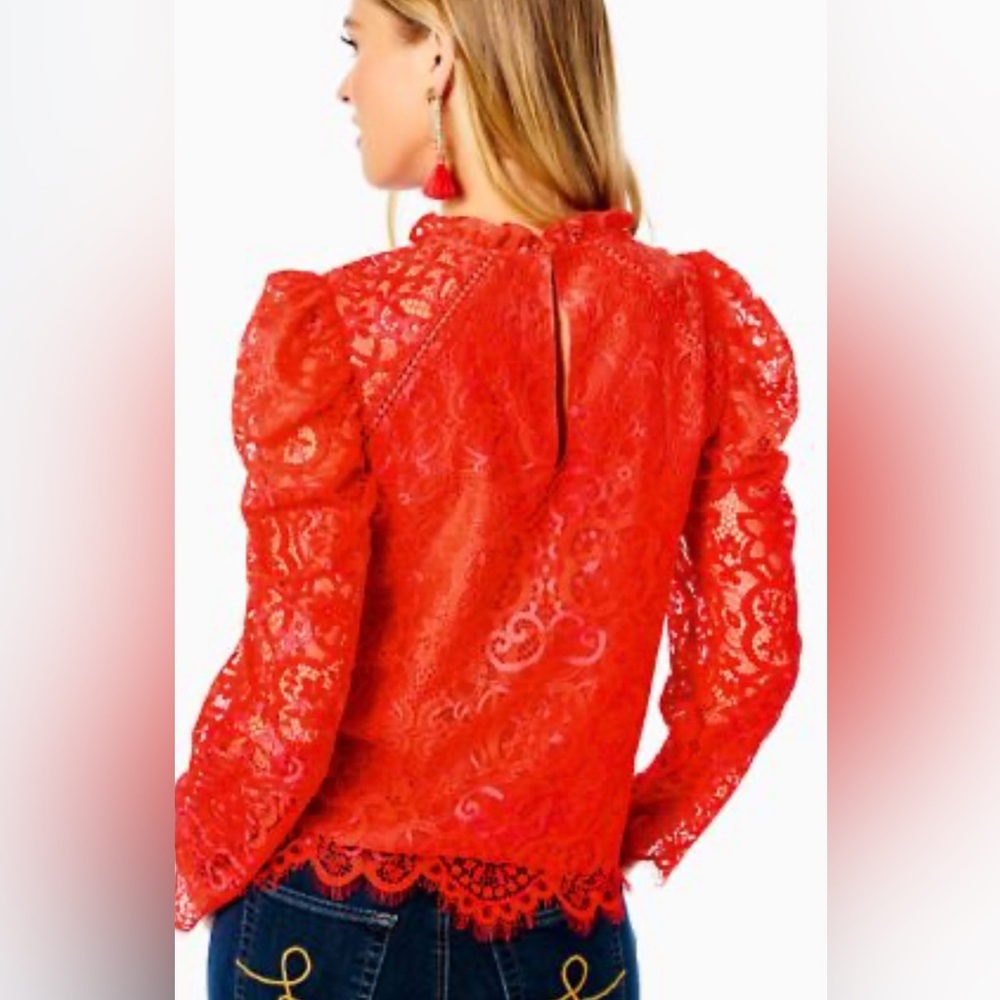Lilly Pulitzer Red Lace Long-Sleeve Blouse - Picture 2 of 8